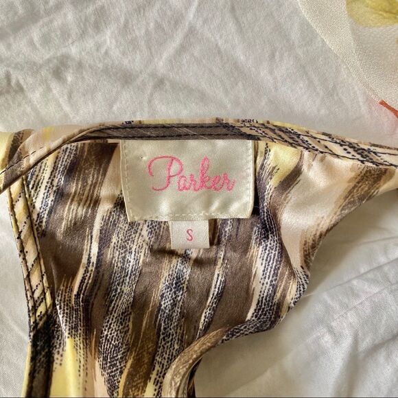 PARKER brown yellow 100% silk mini dress S - Picture 6 of 7